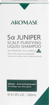 Białe pudełko szamponu Aromase 5α Juniper Scalp Purifying, przeciwłupieżowy peeling oczyszczający. Przód.