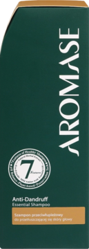 Aromase Anti-Dandruff Essential Shampoo w ciemnozielonej butelce, z logo '7 Factors', widok z przodu, dla przetłuszczającej się skóry głowy.