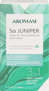 Aromase 5α Juniper 3-w-1 szampon i żel do ciała, biało-zielone opakowanie z napisem Head-to-Toe, widok z przodu.