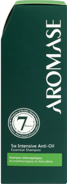 AROMASE 5a Intensive Anti-Oil Shampoo, ciemnozielona butelka, seboregulujący, widok z przodu, biały tekst.