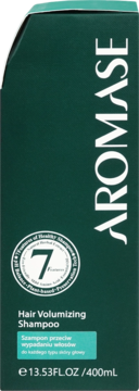 Aromase Hair Volumizing Shampoo w ciemnozielonym opakowaniu z białymi napisami, widok z przodu, z okrągłym logo '7'.