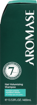 AROMASE Hair Volumizing Shampoo, ciemnozielone pudełko, pionowy napis, 400ml, szampon trychologiczny przeciw wypadaniu włosów.