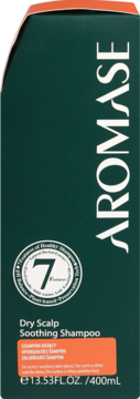 Aromase Dry Scalp Soothing Shampoo, ciemnozielona butelka z białym napisem i pomarańczową etykietą, widok z przodu.
