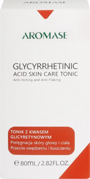 Aromase Glycyrrhetinic Acid Skin Care Tonic w białym pudełku, łagodzący swędzenie i łuszczenie, z przodu.