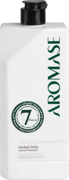 Biała butelka ziołowego szamponu Aromase Herbal Daily Essential z czarną pompką i zielonymi napisami, widok z przodu.