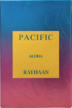 Woda perfumowana Rayhaan Pacific Aloha, pudełko błękitno-różowe z żółtym polem i napisami, widok z przodu.