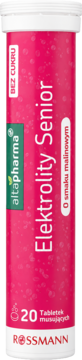 Różowa tubka Altapharma Elektrolity Senior, 20 tabletek musujących malinowych, bez cukru, widok z przodu.