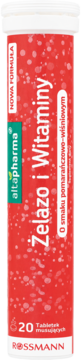 Alkapharma Żelazo i Witaminy, 20 tabletek musujących o smaku pomarańczowo-wiśniowym, czerwona tuba, widok z przodu.
