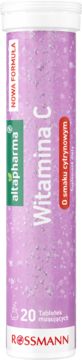 Altapharma Witamina C, 20 tabletek musujących cytrynowych w fioletowej tubie z logiem Rossmann, widok z przodu.