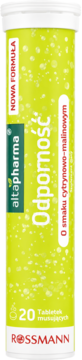 altapharma Odporność tabletki musujące w zielonej tubie, 20 szt., smak cytrynowo-malinowy, widok z przodu.