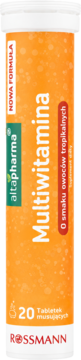 Pomarańczowa tubka altapharma Multiwitamina, 20 tabletek musujących o smaku owoców tropikalnych, widok z przodu.