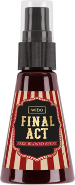 Wibo FINAL ACT Fake Blood Spray, ciemnoczerwony płyn w butelce z pompką, etykieta w paski.