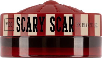 Szybkoschnąca sztuczna krew w żelu Scary Scar FX Bloodz, okrągły pojemnik z czerwoną pokrywką, pasiasta etykieta.