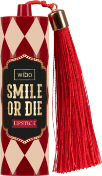 Czerwona pomadka do ust Wibo Smile or Die z frędzlem, w opakowaniu w czerwono-kremowe romby, widok z przodu.