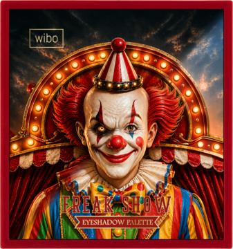 Wibo Freak Show Eyeshadow Palette, opakowanie z klaunem w paski na tle cyrkowej sceny, widok z przodu.