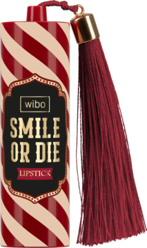 Frontalny widok pomadki Wibo SMILE OR DIE, burgundowa, w beżowo-czerwone paski, ze złotym korkiem i chwostem.