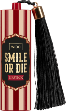 Czarna pomadka Wibo Smile Or Die w paski, z czarnym chwostem. Opakowanie w czerwono-kremowe pasy, widok z przodu.