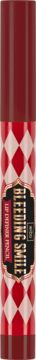 Automatyczna kredka do ust w kolorze bordowym. Etykieta z czerwono-białym wzorem w romby i złotym elementem.
