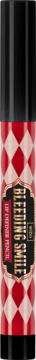 Automatyczna kredka do ust w czarnej tubie, etykieta w czerwono-białe romby, widok z przodu.