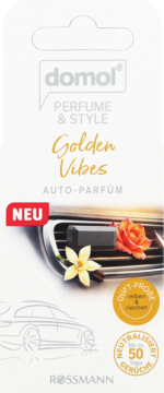 Domol Golden Vibes Auto-Parfüm, na białym opakowaniu kwiaty wanilii i róży, neutralizuje zapachy do 50 dni.
