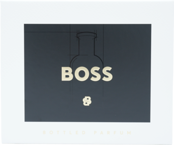 Front pudełka Hugo Boss Bottled Parfum, ciemnoszare z kremowym logo BOSS i grafiką kolby laboratoryjnej.