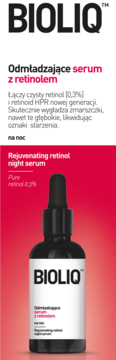 Ciemna butelka serum BIOLIQ z zakraplaczem, biała etykieta 'Retinol 0.3%', widok z przodu, czerwone tło.
