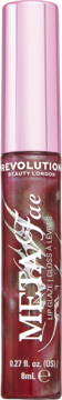 Revolution Metaverse Lip Glaze w lśniącym, głębokim czerwonym odcieniu, z różową metaliczną zakrętką, widok z przodu.
