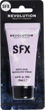 Revolution SFX White Base, jasnofioletowa tuba 25ml, baza pod makijaż w czarnym blistrze. Widok z przodu.
