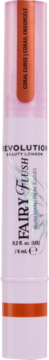 REVOLUTION FAIRY FLUSH Coral Crush płynny róż w białej tubce z transparentnym wieczkiem, widok z przodu.