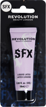 Jasnoliliowy płynny lateks Revolution SFX w tubce 18ml, w blistrze na czarnej karcie, widok z przodu.