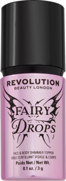 Różowa butelka Revolution Beauty London Fairy Drops face & body shimmer topper z czarną nakrętką, widok z przodu.