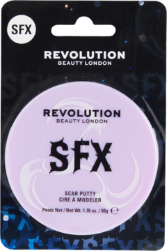 Revolution SFX Scar Putty, jasnofioletowa masa do modelowania w okrągłym opakowaniu, na czarnym kartoniku, widok z przodu.