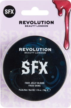 Revolution SFX Fake Jelly Blood w czarnym słoiczku w fioletowym opakowaniu, z czerwonym kapiącym motywem, widok z przodu.