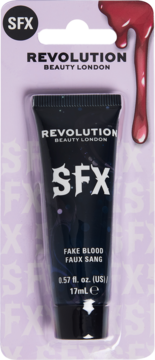Revolution SFX Fake Blood w czarnej tubce 17ml w fioletowym blistrze z grafiką kapiącej krwi, widok z przodu.