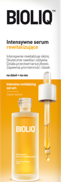 Opakowanie BIOLIQ Intensywne serum rewitalizujące z kawioru, z butelką i kroplomierzem na pomarańczowym tle.