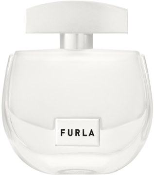 Furla Pura woda perfumowana damska, elegancka biała butelka o owalnym kształcie, z logo Furla, widok z przodu.