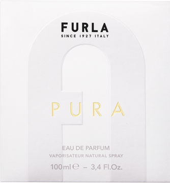 Furla Pura woda perfumowana 100ml. Białe pudełko, widok z przodu, złoty napis PURA i stylizowany łuk.