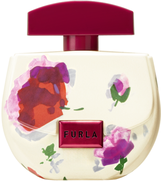 Furla Adorabile woda perfumowana damska, kremowa butelka w kształcie torebki z różowymi kwiatami i bordowym korkiem.