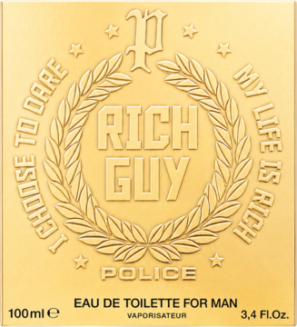 Złote, tłoczone opakowanie wody toaletowej Police Rich Guy 100ml, z napisem RICH GUY i logo. Widok z przodu.