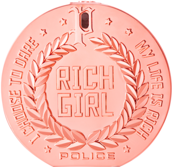 Woda perfumowana Police Rich Girl, butelka w kształcie różowo-złotego medalu z napisem 'RICH GIRL' i wieńcem.
