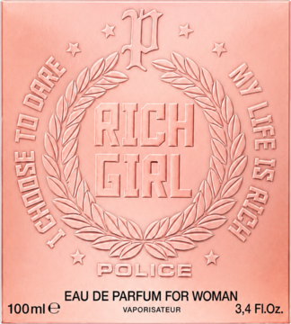Woda perfumowana damska Police Rich Girl w kwadratowym, różowo-złotym pudełku z wytłoczonym logo i tekstem, 100ml.