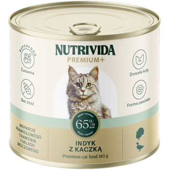 Beżowa puszka karmy Nutrivida Premium+ dla dorosłych kotów: indyk z kaczką, 65% mięsa, z żurawiną.