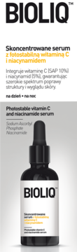 Bioliq serum: czarna butelka z kroplomierzem, etykieta z witaminą C i niacynamidem, grafika promocyjna.
