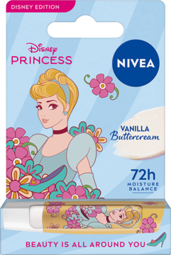 NIVEA Disney Princess Vanilla Buttercream pomadka, opakowanie z Kopciuszkiem i kwiatami, widok z przodu. Nawilża 72h.