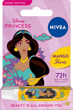 Pomadka NIVEA Disney Princess Mango Shine 72h Moisture w różowym opakowaniu z księżniczką Jasmine. Widok przód.