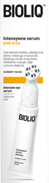 BIOLIQ Intensive eye serum w białej tubce z pięcioma metalowymi kuleczkami aplikatora, widok z przodu pod kątem.