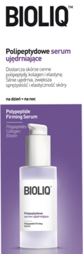 BIOLIQ Polipeptydowe serum ujędrniające z polipeptydami, biała butelka z pompką na fioletowym tle.