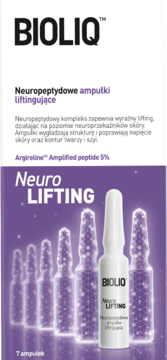 BIOLIQ Neuro LIFTING, neuropeptydowe ampułki liftingujące. Biało-fioletowe opakowanie z grafiką 7 ampułek, widok z przodu.