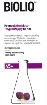 BIOLIQ™ Krem ujędrniająco-wygładzający na noc 45+, białe opakowanie z fioletowymi detalami i kolbą Spilanthes acmello.