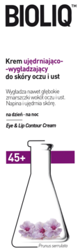 BIOLIQ Krem ujędrniająco-wygładzający 45+ do oczu i ust. Biały panel z logo, tekstem i grafiką flaski z kwiatami.